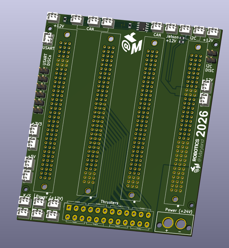 Render of the redesigned backplane PCB with card connectors and reorganized pin headers