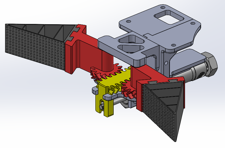 CAD render of the claw mechanism with pneumatic piston, rack and pinion gears, and spiked grippers