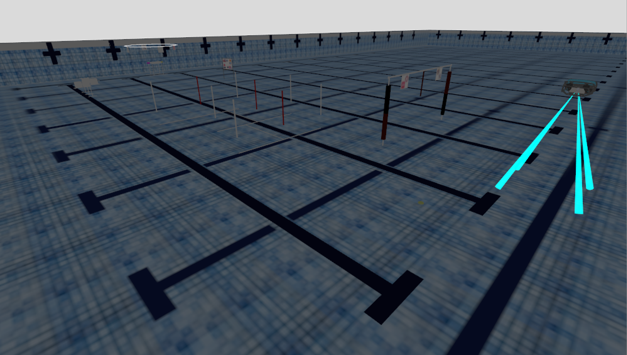 Overhead view of the simulated competition pool in Gazebo with all 2026 task props placed