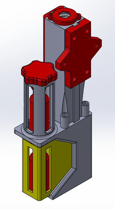 CAD render of the marker dropper mechanism with vertically mounted pneumatic piston and wedge