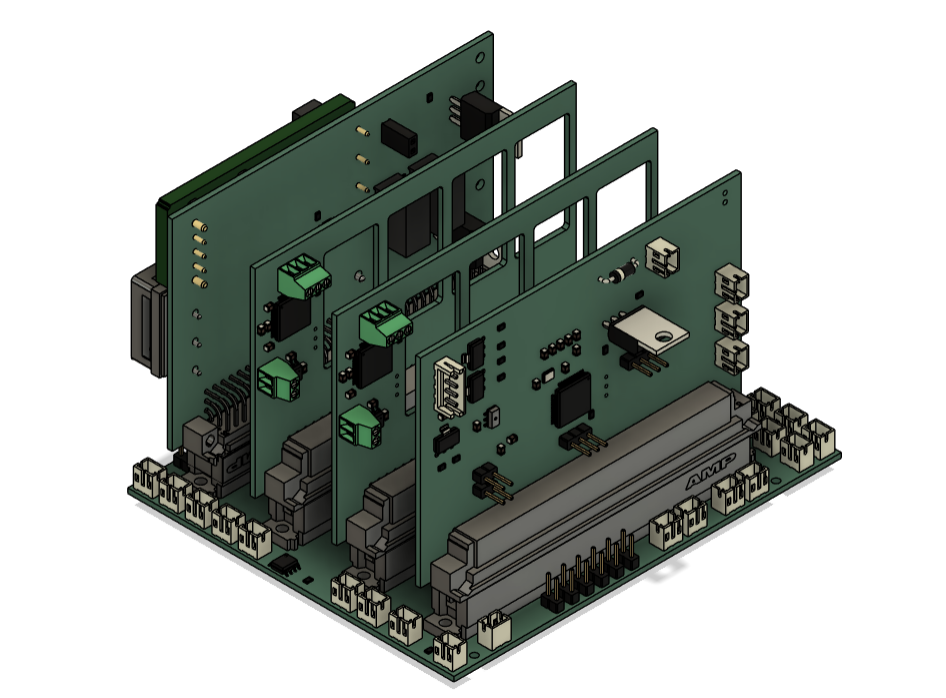 CAD render of the electrical hull assembly with four daughter cards mounted vertically on the backplane
