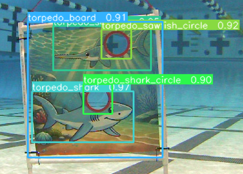 Object detection inference output with bounding boxes drawn on an underwater image of the torpedo board