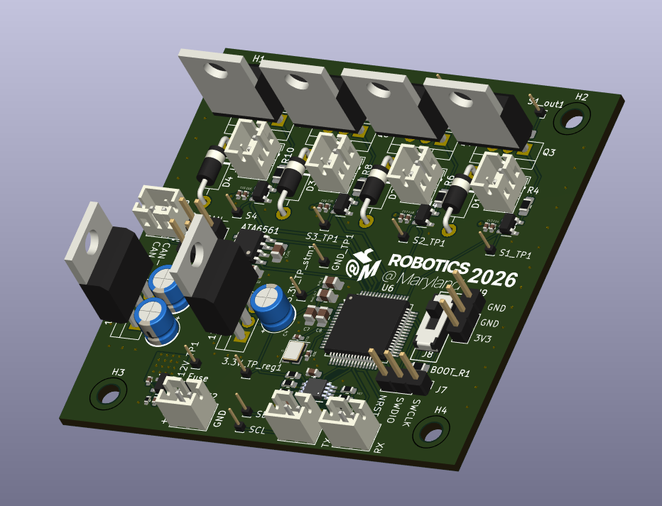 Render of the redesigned pneumatics card PCB with STM32 microcontroller and test points