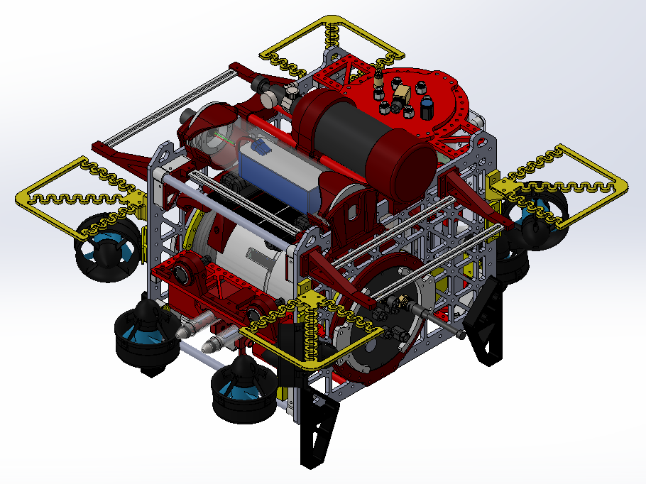 Full CAD assembly of Qubo showing the red chassis, thrusters, hulls, and end effectors